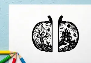 Intricate black and white paper cutout of a whimsical forest scene with a haunted house and moon