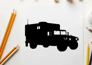 Silhouette of a large military truck with a boxy cargo area silhouette
