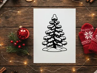 Black and white Christmas tree illustration with snow, winter holiday vector icon.