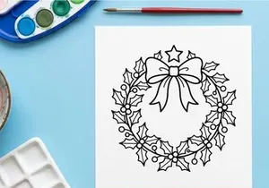 Ilustrasi seni garis karangan bunga Natal dengan daun holly, buah beri, dan pita dekoratif.