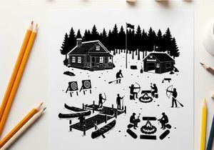Winter camping silhouette scene with people and cabins