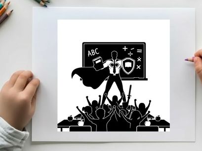 Silhouette of a heroic teacher standing in front of a classroom