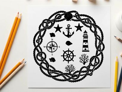 Nautical silhouette with anchors and rope border silhouette