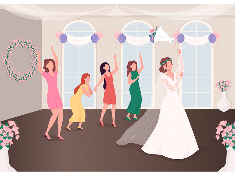Bouquet throwing tradition flat color vector illustration