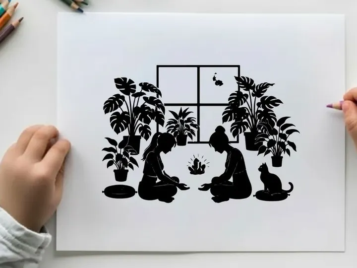 Silhouette of two people and cat by window with plants