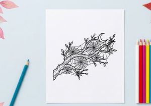 Minimalist tree branch line art illustration. Elegant botanical sketch with moon and leaves for modern design projects.