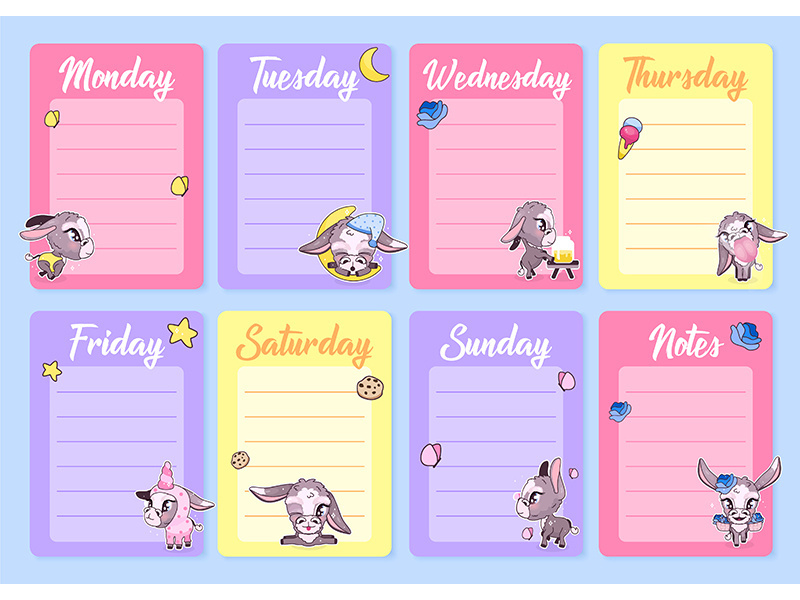 Cute donkeys weekly planner vector template with kawaii cartoon character