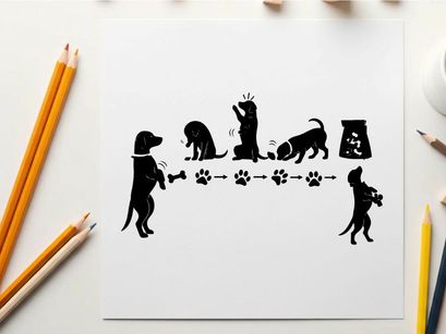 Silhouette of dogs playing fetch with paw prints and dog food