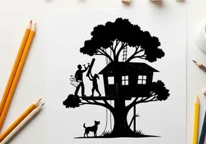 Treehouse silhouette with people building and dog