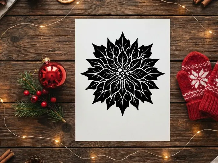 Black and white poinsettia flower illustration for Christmas holiday design projects.