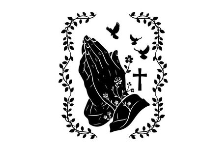 Praying hands silhouette with cross and birds