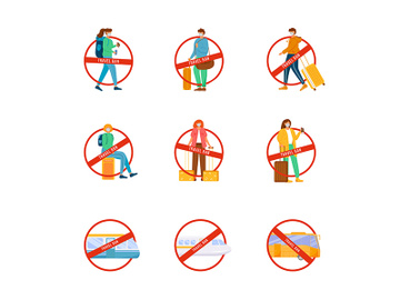 Travel ban flat color vector faceless characters set preview picture