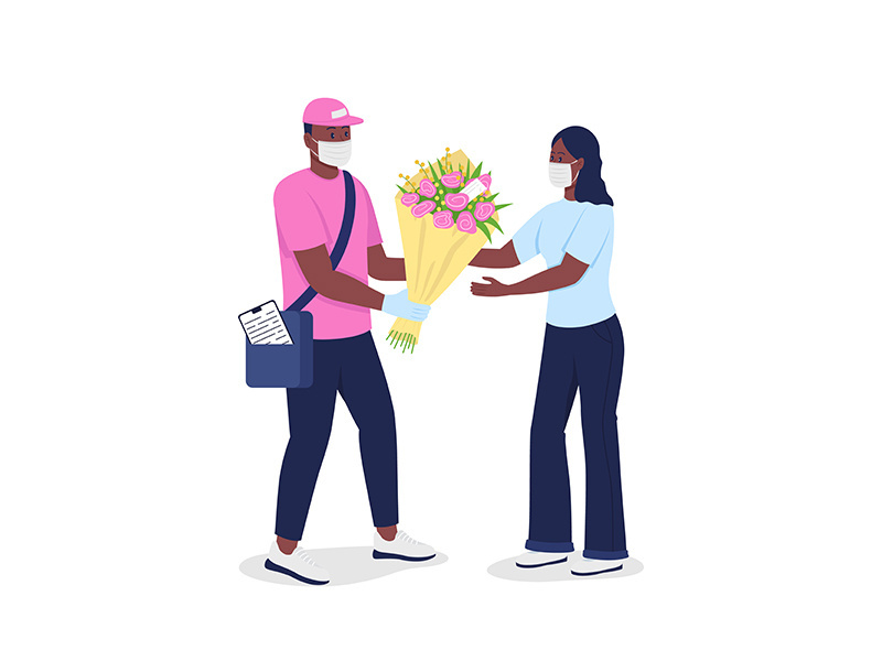 African american courier in face mask gives woman flowers flat color vector detailed characters