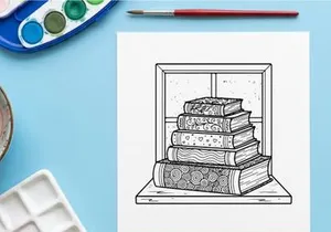 Tumpukan buku vintage dalam ceruk kaca dengan latar belakang bunga salju meriah untuk dekorasi liburan