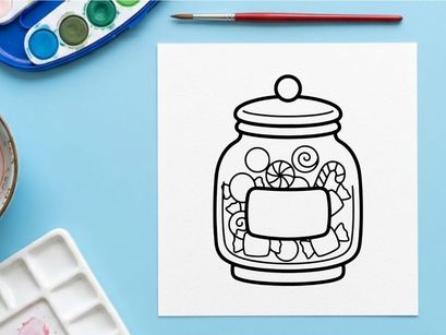 Candy jar coloring page for kids. Black and white line art illustration of sweets.