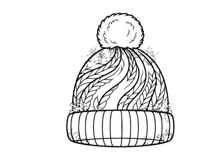 Halaman mewarnai topi rajutan musim dingin dengan pola pom pom dan bunga salju untuk aktivitas Natal