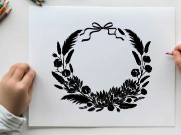 Silhouette floral wreath with bow on white background preview picture