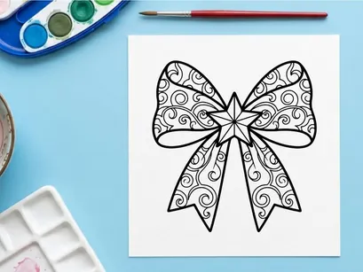 Christmas bow with star ornament line art illustration for holiday coloring page design