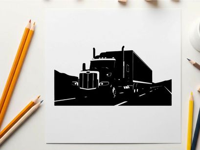 Semi truck silhouette driving on highway with mountains