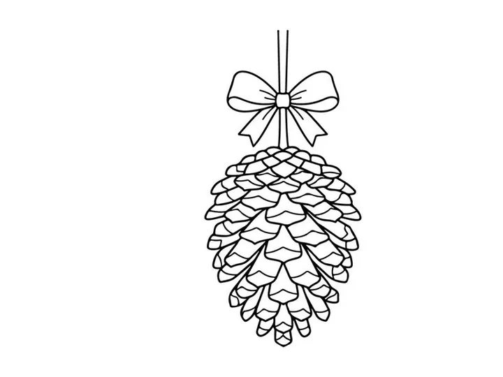 Decorative pine cone ornament hanging from a string. Festive holiday decor for Christmas and winter celebrations.