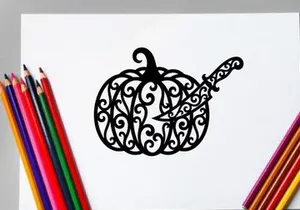 Decorative Halloween pumpkin with intricate swirling design and leaf