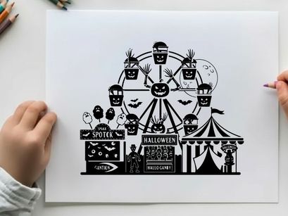 Halloween carnival silhouette with spooky ferris wheel and tents