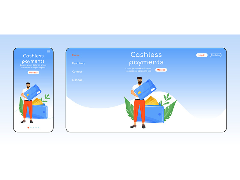Cashless payments adaptive landing page flat color vector template