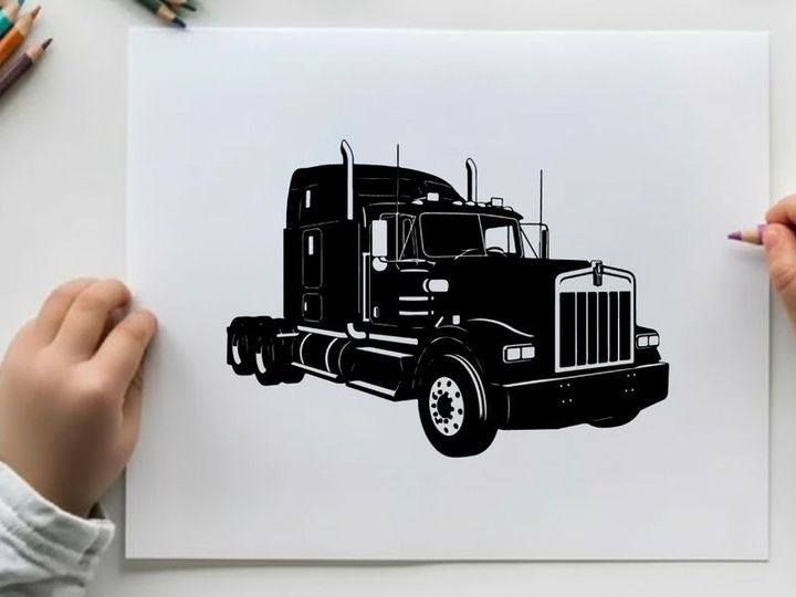 Silhouette of a large black semi truck with grill and wheels