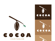cocoa logo,cocoa bean,cocoa tree,cocoa branches and leaves,chocolate mix on white background,vintage,modern,simple,minimalist icon illustration template design vector
