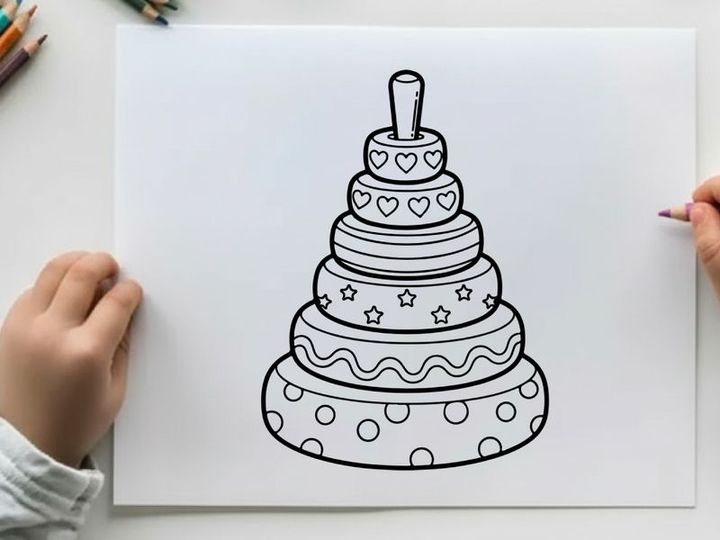 Wedding cake tiers with hearts and stars vector illustration