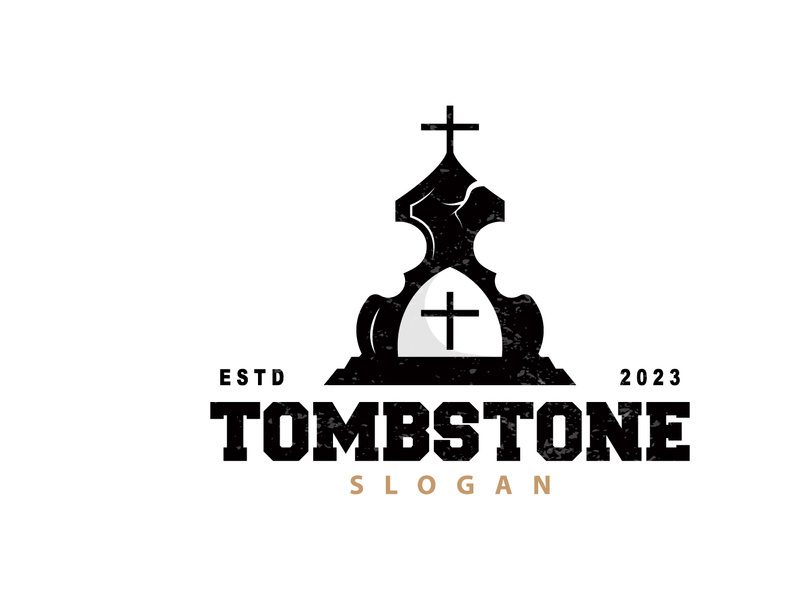 Tombstone Logo, Tomb Cemetery Cross, Vector Vintage