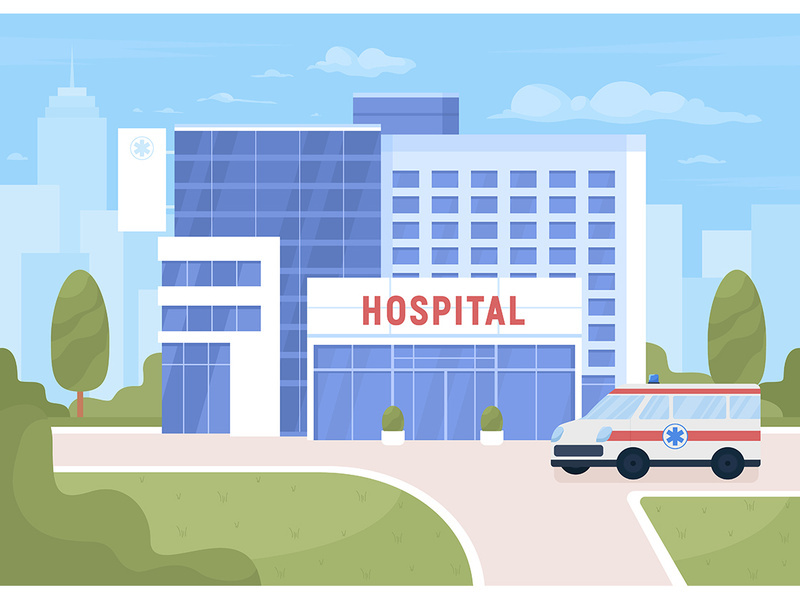 Ambulance near hospital on city street illustration