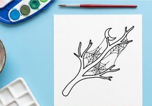 Halloween tree branch with spider web. Spooky bare twig drawing with crescent moon icon.