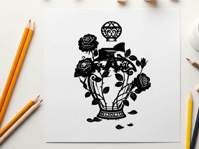 Silhouette of perfume bottle with roses and floral design
