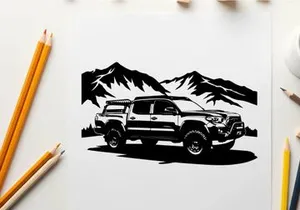 Silhouette of a rugged pickup truck in front of majestic mountains