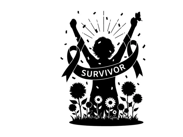 Silhouette of a survivor with flowers and ribbons in black and white