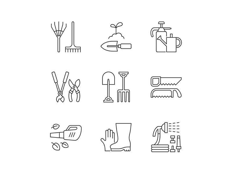 Gardening equipment linear icons set