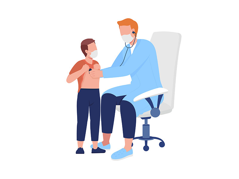 Doctor performs lung assessment for patient semi flat color vector characters