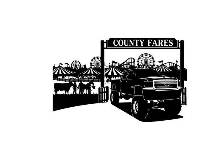 Silhouette of a truck at county fares fairground with ferris wheel and animals