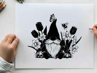 Silhouette of a gnome with flowers and insects