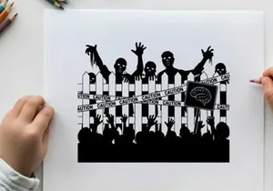 Silhouette of zombies behind a caution tape fence with a crowd
