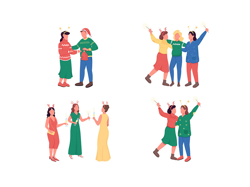Friends on Christmas party flat color vector faceless character set