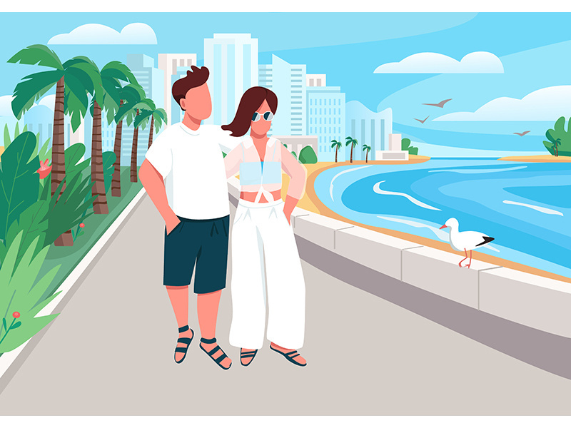 Couple in love walking along seafront flat color vector illustration
