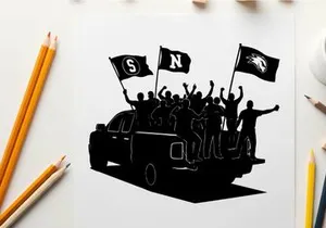 Silhouette of people celebrating on a car with flags