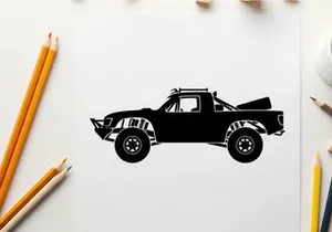 Silhouette of a pickup truck with a palm tree in the back