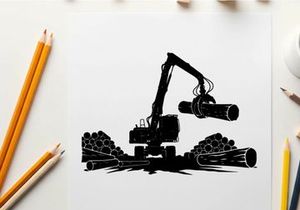 Silhouette of a mechanical logger with logs and a white background