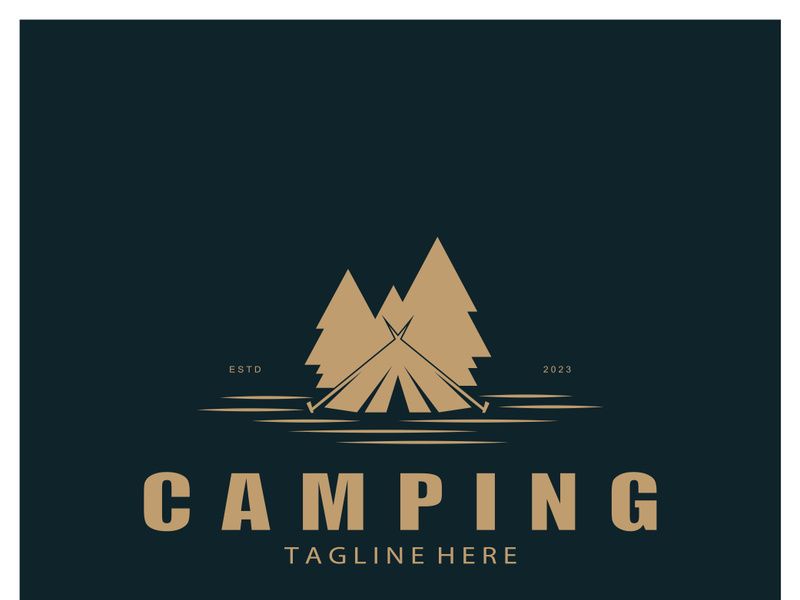 vintage and retro tent logo, camping. With tent, tree and bonfire sign. adventurers, scouts, climbers, camping equipment center