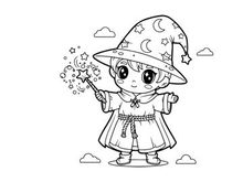 Cute girl wizard casting magic stars vector illustration
