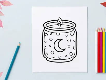 Candle in a jar coloring page. Cute moon and stars illustration for kids activity.