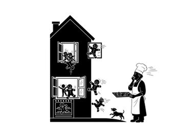 Chaotic scene of children escaping from a house to a worried chef silhouette preview picture